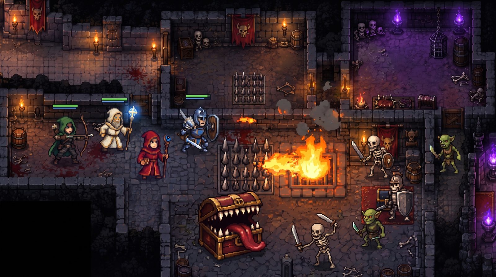 A hero party fighting through traps and monsters