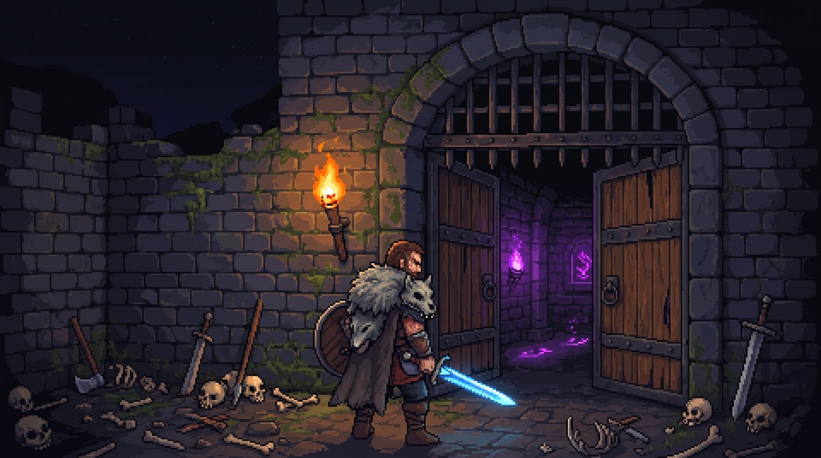 A scarred veteran warrior standing at the dungeon gate