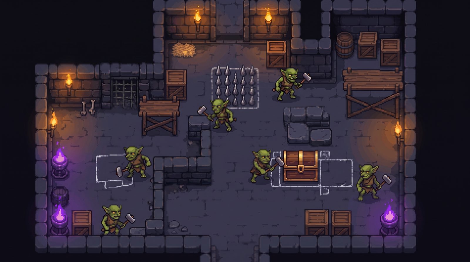 Goblins building rooms in a torchlit dungeon