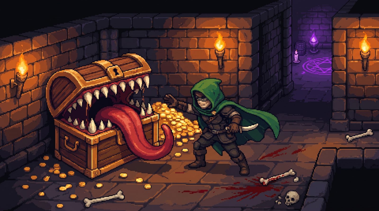 A mimic chest lunging at a hero