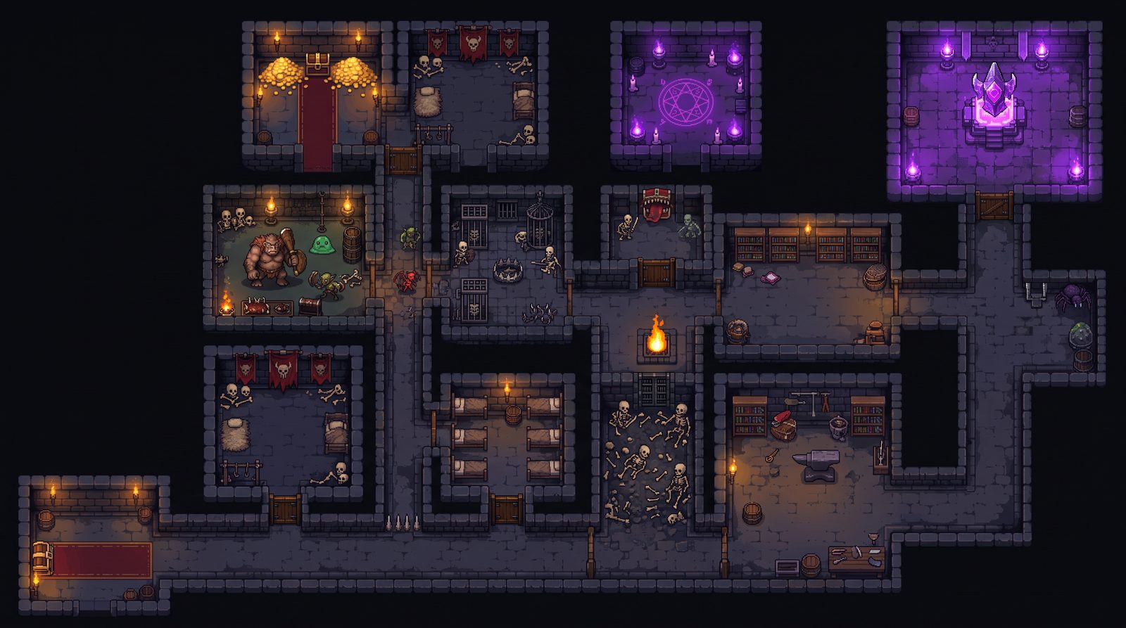 A top-down dungeon map with many rooms