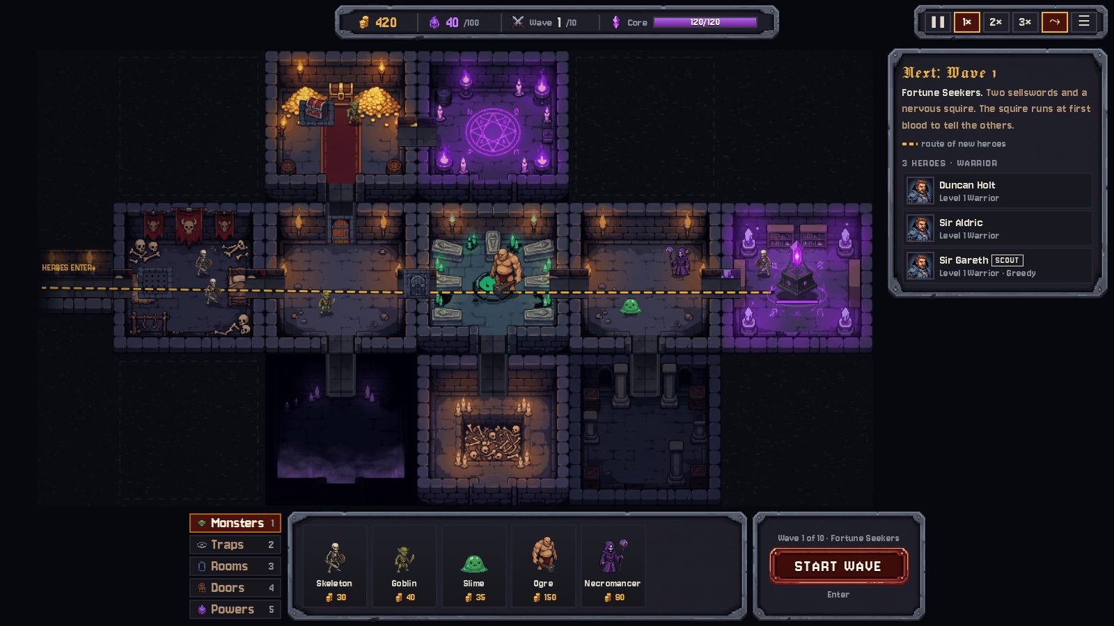 Build phase: a furnished dungeon with the heroes' predicted route marked in gold