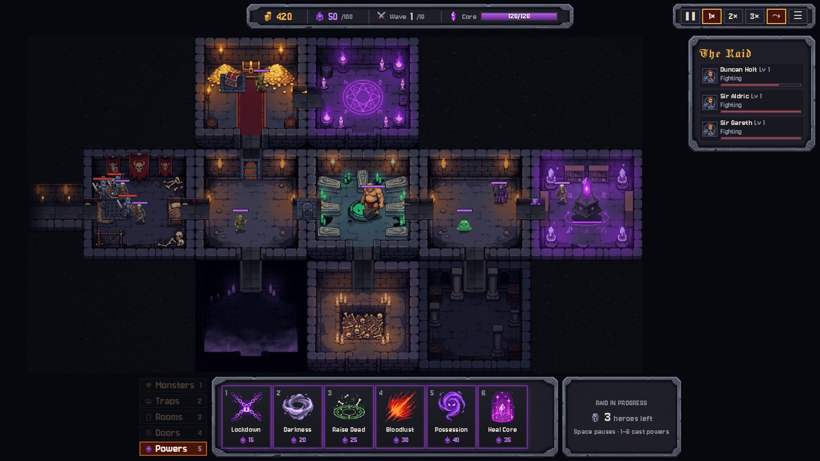 A raid in progress: heroes fighting through the dungeon while one flees